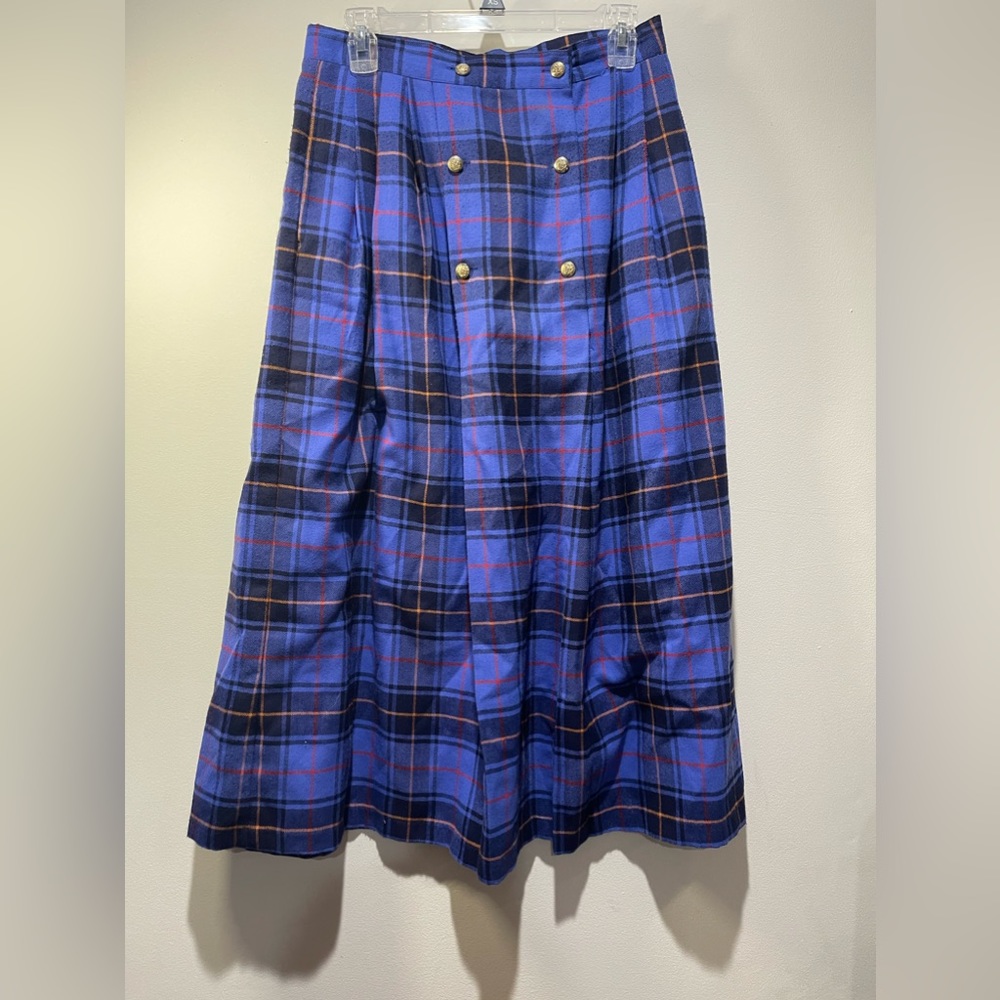 Intentions VINTAGE Women's Skirt Midi Blue Plaid Size 12 Button Detail Front
